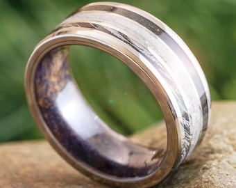 Meteorite, Jade, and Mokume Wedding Band with Wood Sleeve