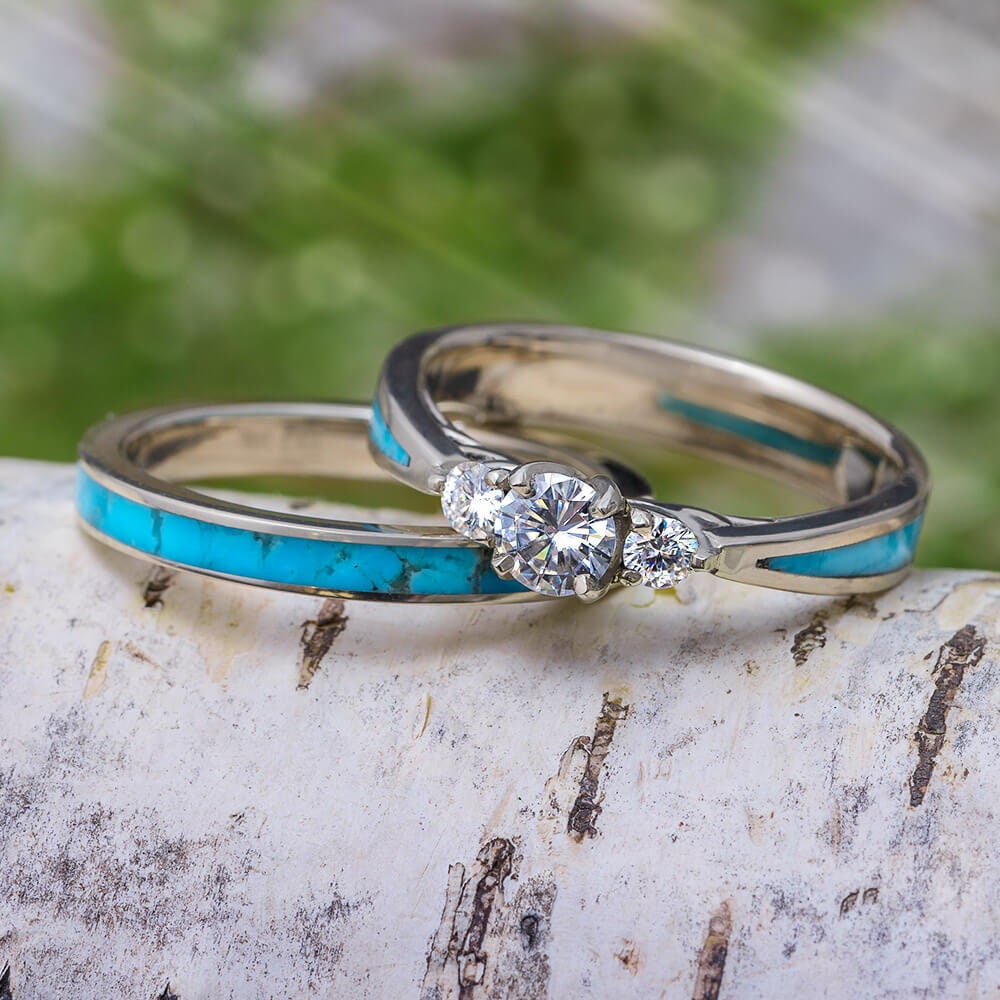 Turquoise Bridal Set with Three Stone Engagement Ring and