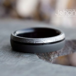 Ebony Wood & Meteorite Men&#39;s Wedding Ring, Unique and Masculine Ring for Man