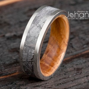 Whiskey Oak & Meteorite Ring in Polished Titanium, Unique Whiskey Barrel Wood Wedding Band for Man