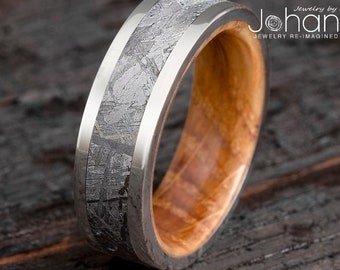 Whiskey Oak & Meteorite Ring in Polished Titanium, Unique Whiskey Barrel Wood Wedding Band for Man