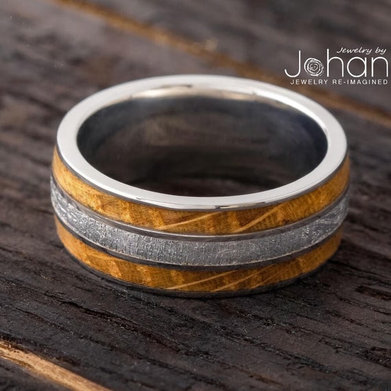 Whiskey Barrel Meteorite Men's Wedding Ring, Titanium Ring for Man With  Two Unique Materials