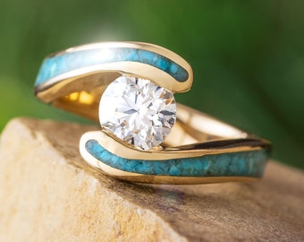 Turquoise Engagement Ring With Yellow Gold Faux Tension Setting