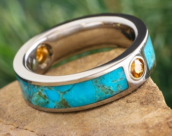 Turquoise and Orange Sapphire Wedding Band for Men