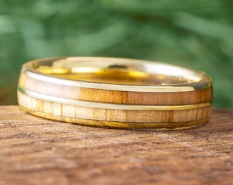 Double Inlay Wood Wedding Band in 14k Yellow Gold