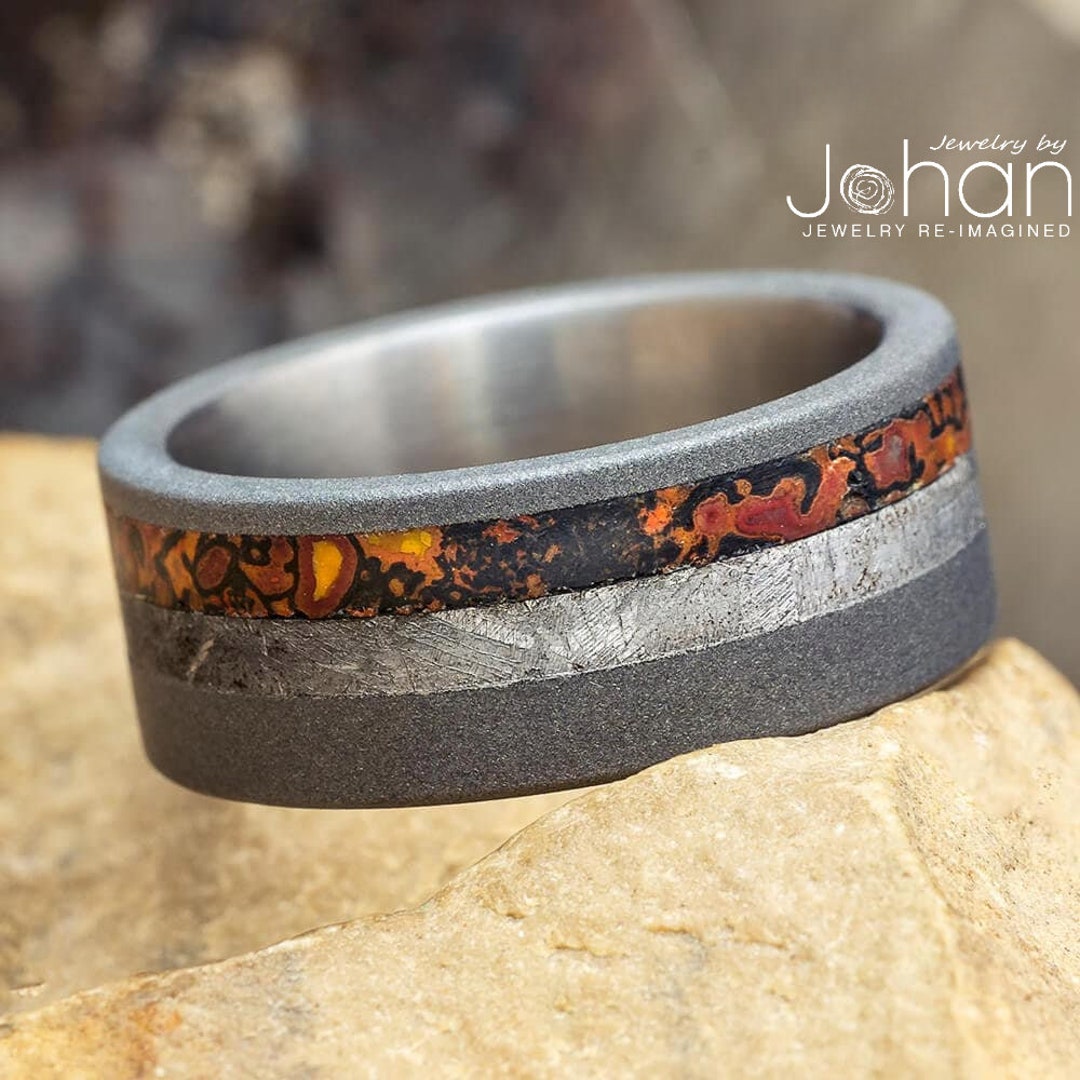 Genuine Meteorite + Dino Bone Men's Wedding Band in Sandblasted ...