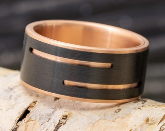 Grooved Black Zirconium Wedding Band with Gold Accents