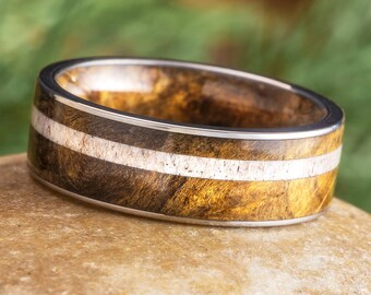 Buckeye Burl Wood & Antler Wedding Band with Wood Sleeve