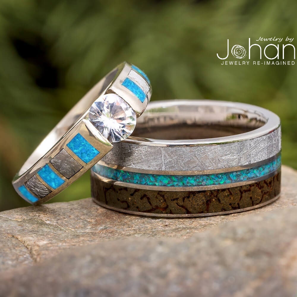 Meteorite Wedding Ring Set, Moissanite Twist Engagement Ring & Men's Wedding  Band With Meteorite in Titanium 