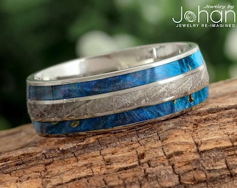 Meteorite Wedding Band, Blue Box Elder Wood, Titanium Ring