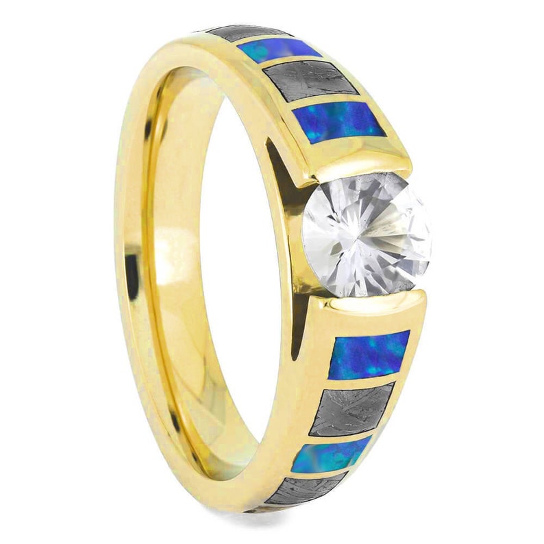 Diamond Engagement Ring With Meteorite & Opal Inlays - Jewelry by Johan