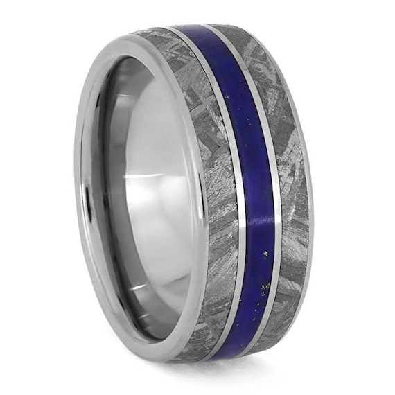 Meteorite Lapis Lazuli Ring Set Blue Wedding Bands Meteorite