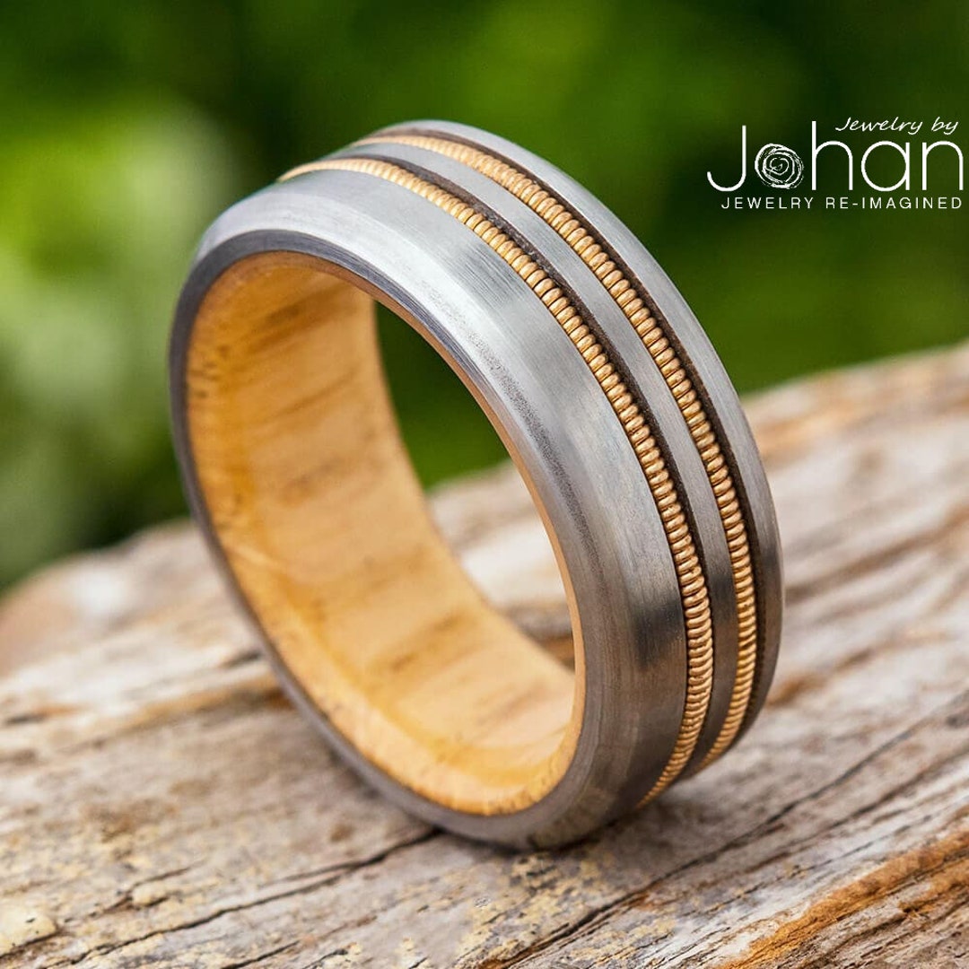 Double Guitar String & Wood Men's Wedding Band, Ring for Musician