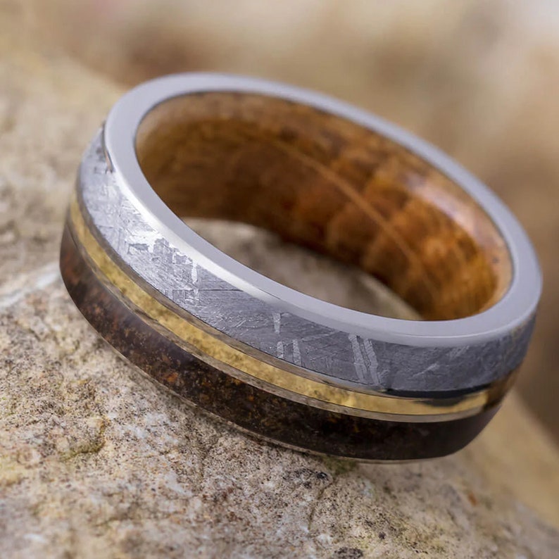 Meteorite & Dinosaur Bone Ring With Wood Sleeve & Gold Pinstripe - Jewelry by Johan