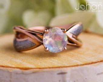 Moonstone & Meteorite Engagement Ring in Rose Gold, Round Cut Faceted Moonstone Ring
