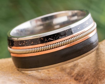 Guitar String Wedding Band With Vinyl LP Record, Stardust, and Rose Gold