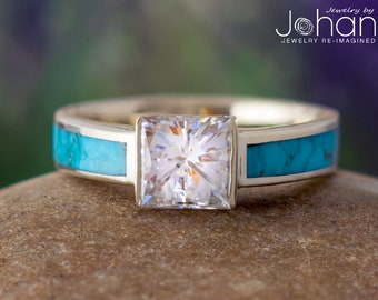 Princess Cut Engagement Ring With Kingman Turquoise
