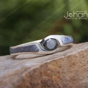 Black Diamond Engagement Ring with Meteorite Inlaid In Band, Tension Set Ring