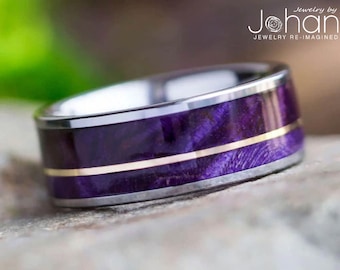 Purple Men's Wedding Band With Rose Gold Pinstripe, Customize With Other Wood Types and/or Pinstripe Metal