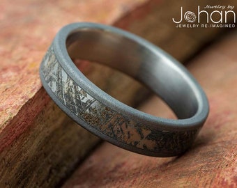 Mimetic Meteorite Ring, Sandblasted Titanium Wedding Band With Meteorite Engraving