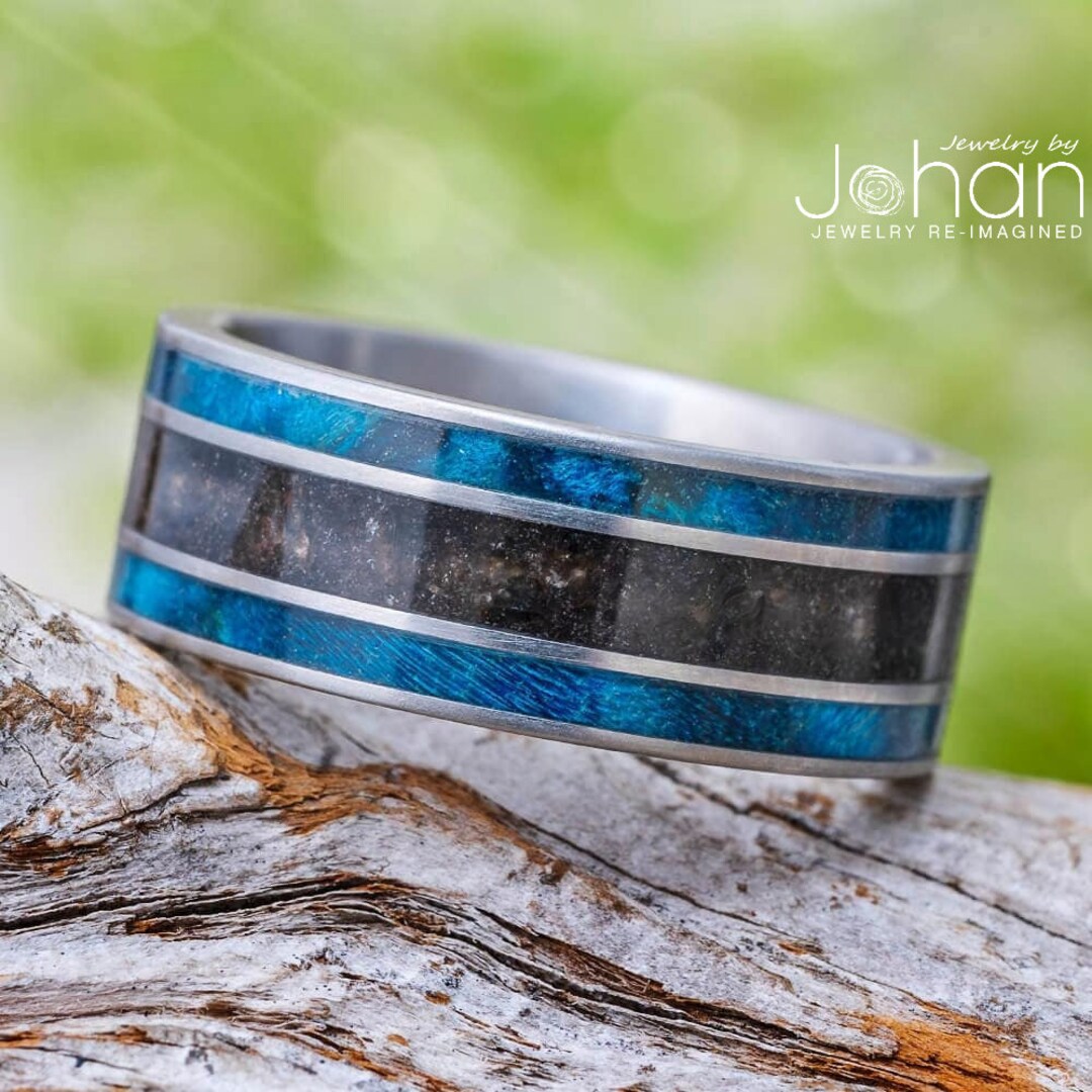 Dino Bone Ring With Blue Wood Pinstripes in Titanium, Choose From 100 ...