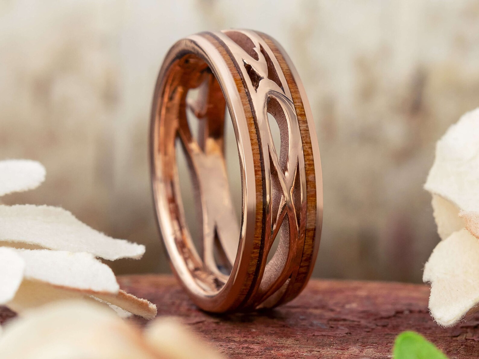 Art Deco Rose Gold Wedding Band With Wood and Filigree Swirl Etsy