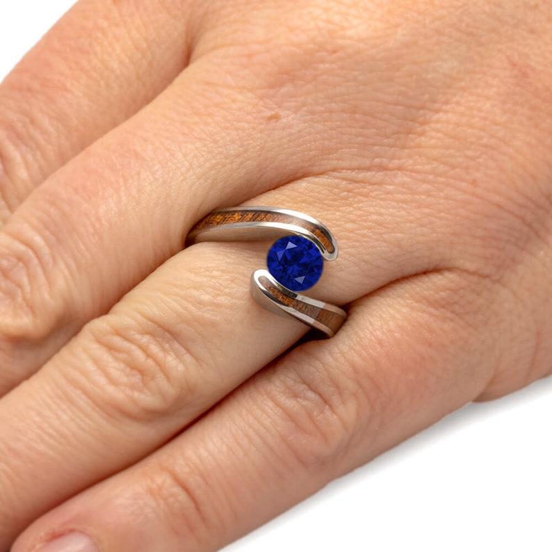 Koa Wood Engagement Ring, Sapphire In Tension Setting, Titanium Ring-2663 - Jewelry by Johan