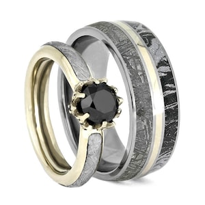 Meteorite Ring Set, Black Wedding Rings for Him and Her, Black Diamond ...