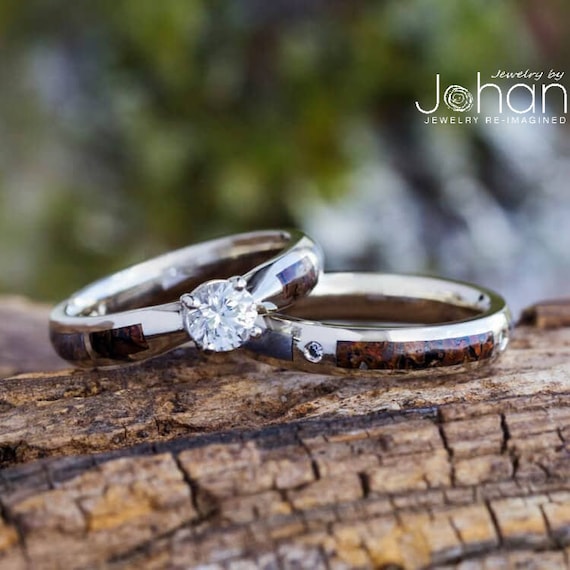 Dinosaur Bone Bridal Set With White Sapphire Engagement Ring and Coordinating Wedding Band Etsy Israel