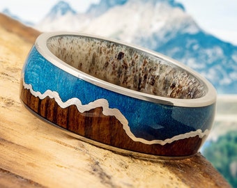 Antler and Wood Mountain Wedding Band with Custom Grand Tetons Silhouette