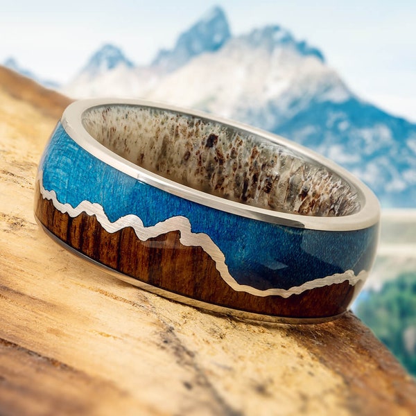 Antler and Wood Mountain Wedding Band with Custom Grand Tetons Silhouette