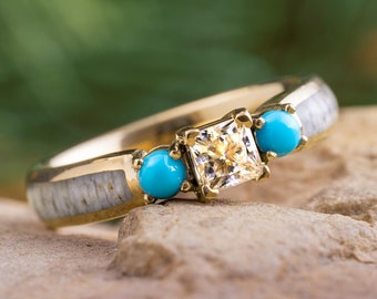 Gold Three Stone Engagement Ring With Antler & Turquoise