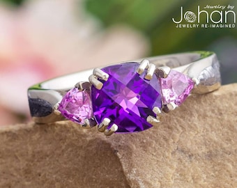 Meteorite & Cushion Cut Three Stone Engagement Ring