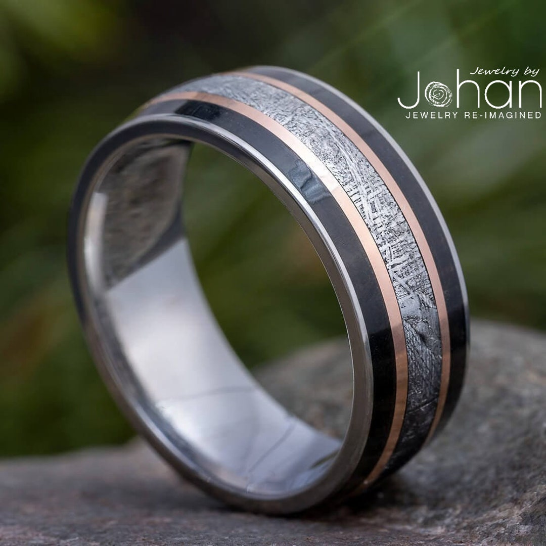 Ebony Wood & Meteorite Men's Wedding Band With Gold - Etsy