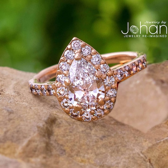 Pear Moissanite Diamond Halo Engagement Ring, 14k Rose Gold