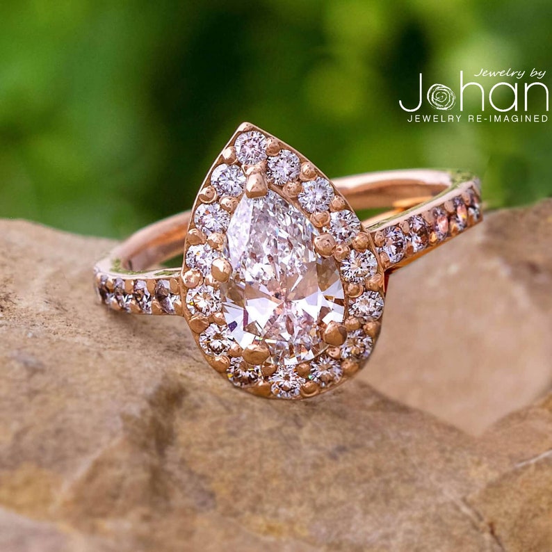Pear Shaped Moissanite Engagement Ring, Diamond Halo Ring - Jewelry by Johan