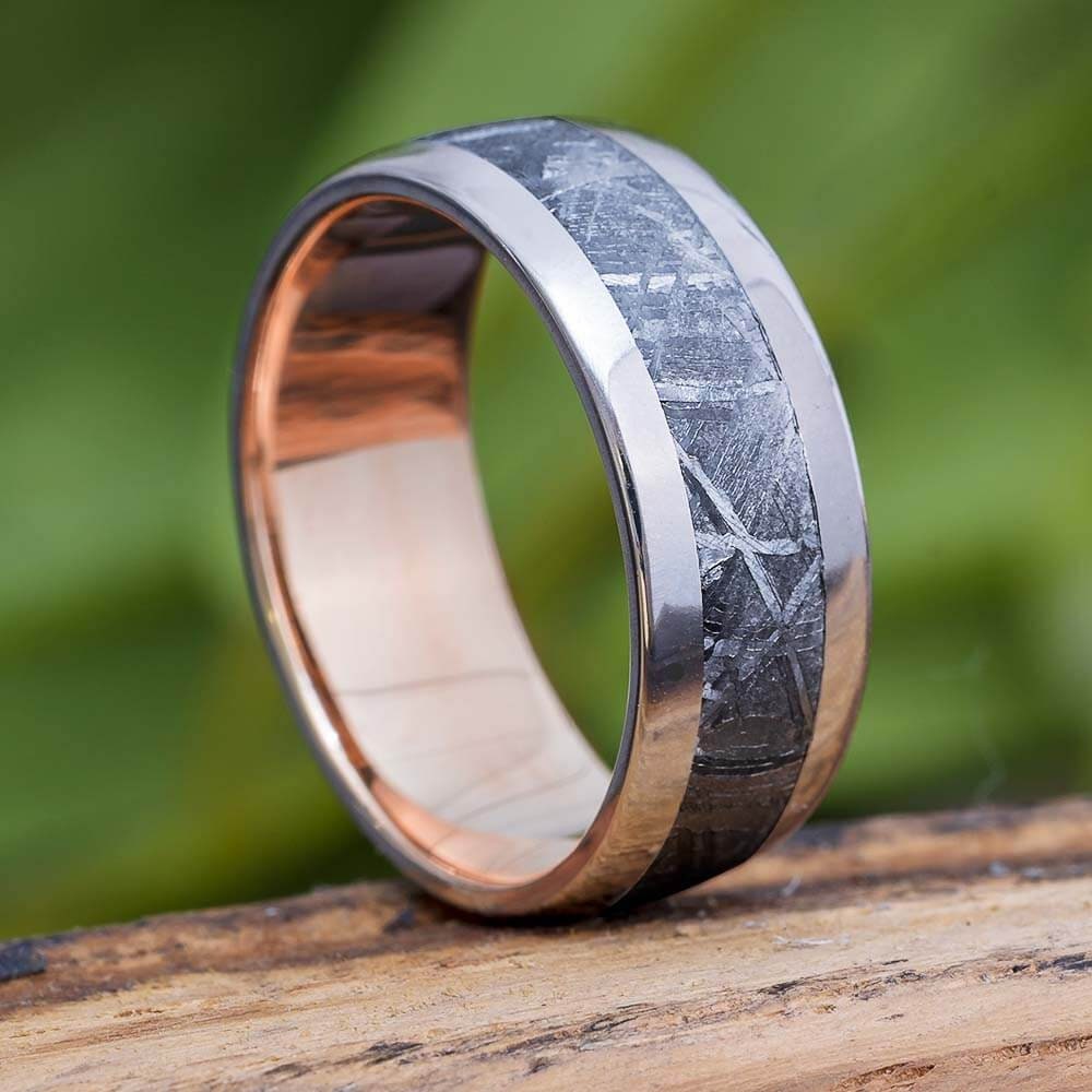 Platinum Meteorite Wedding Band With Rose Gold Inside Mixed Metal