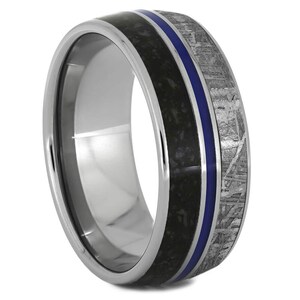 Dinosaur Bone, Meteorite and Blue Enamel Men's Wedding Band, Other Enamel Colors Available image 2