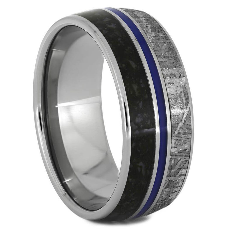 Dinosaur Bone, Meteorite and Blue Enamel Men's Wedding Band, Other Enamel Colors Available image 2