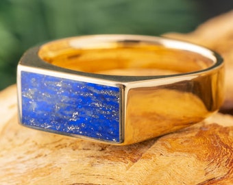 Blue Signet Ring with Lapis Lazuli, Natural Men's Wedding Band
