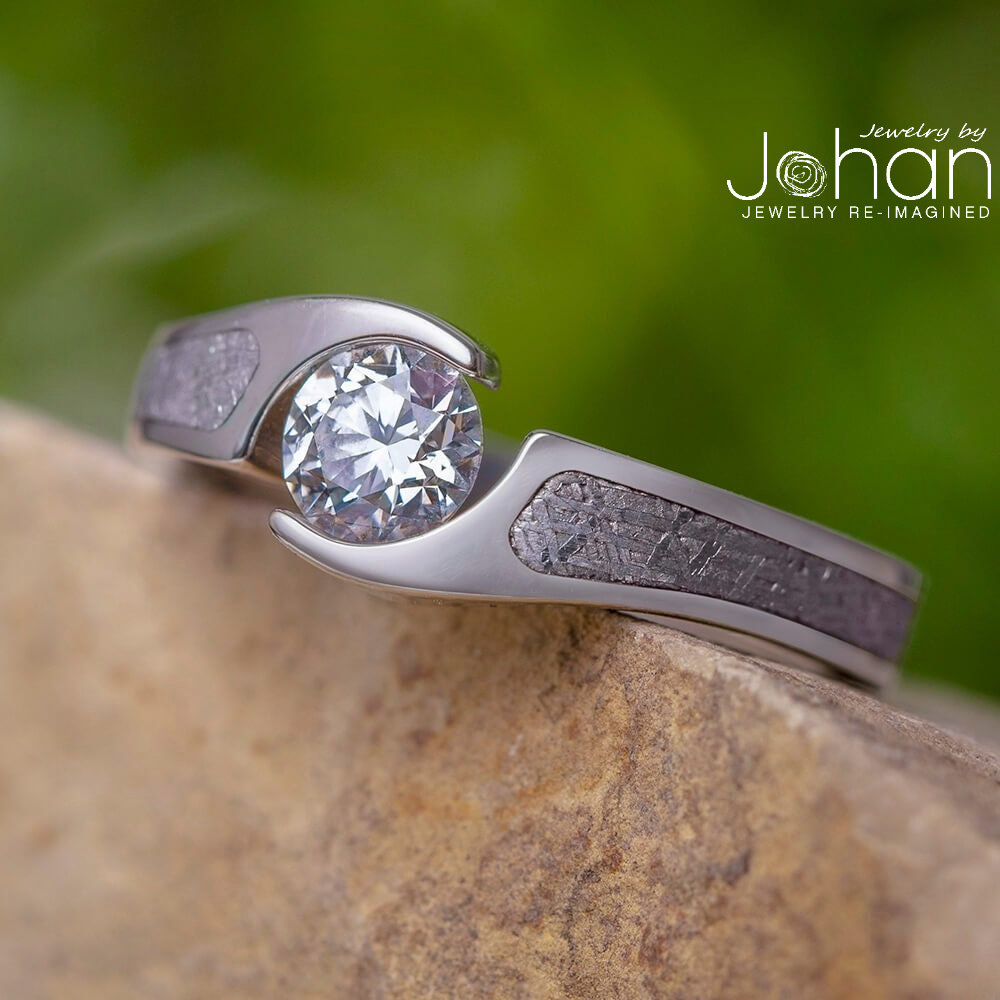 Tension Set Diamond Engagement Ring with Meteorite