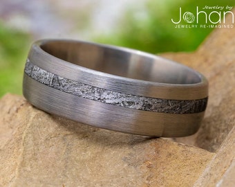 Brushed Titanium & Meteorite Men's Wedding Band, Masculine and Affordable Genuine Meteorite Ring