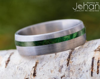 Green Men's Wedding Band, Masculine Brushed Titanium Ring With Green Wood Inlay