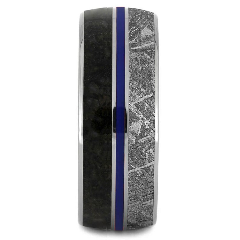 Meteorite & Dinosaur Bone Ring With Blue Enamel Stripe-1467 - Jewelry by Johan