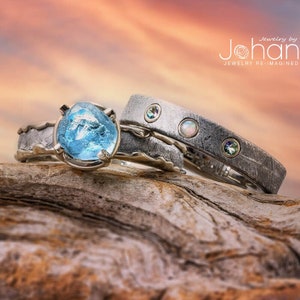 Anillo de boda de meteorito: anillo de compromiso de aguamarina y anillo de ópalo para hombre.
