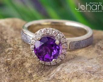 Amethyst Engagement Ring With Moissanite Halo & Meteorite