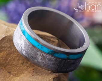 Meteorite & Turquoise Men's Wedding Band, Authentic Kingman Turquoise Ring