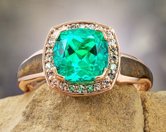 Emerald Halo Engagement Ring with Dinosaur Bone