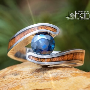 Sapphire & Koa Wood Engagement Ring With Tension Setting, Custom September Birthstone Ring