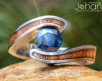 Sapphire & Koa Wood Engagement Ring With Tension Setting, Custom September Birthstone Ring